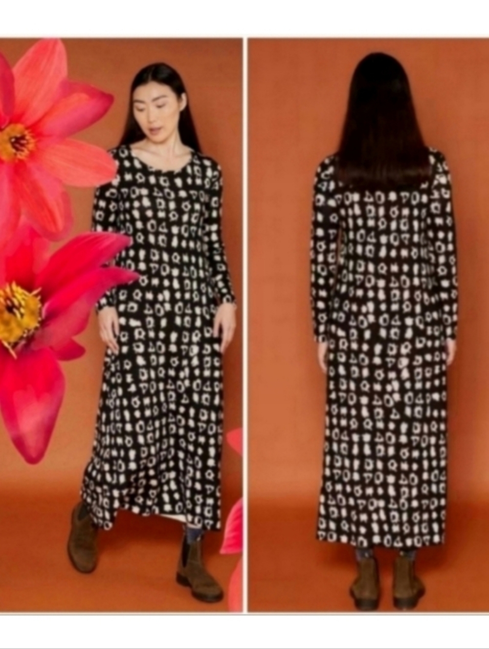 In Bed With You Abstract Print Merino Wool Long Column Dress Small Black & Cream